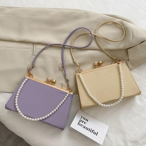 Casual PU Leather Clip Womens Shoulder Bags Fashion Pearl Handle Ladies Evening Clutch Purse Simple Solid Color Handbags Bolsos