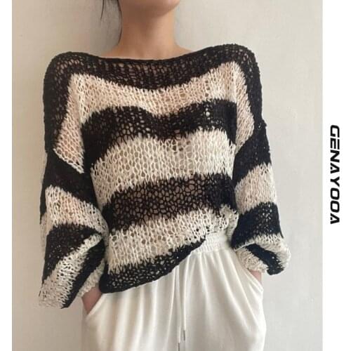 Genayooa Woman Pullover Casual Knit Sweater Striped Long Sleeve O Neck Hollow Out Jumper Women Spring Loose Ladies Tops Korean