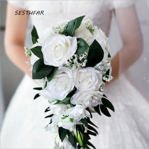 Bridal Bouquet Bride Roses Artificial Flowers Lily Long Waterfall Wedding Bouquet Teardrop Romantic SPH087