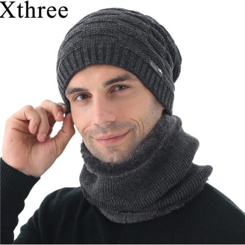Xthree Winter Skullies Hat Wool Beanies Knitted Hat Scarf With Lining Male Gorras Bonnet Winter Hats For Men Beanies Hats