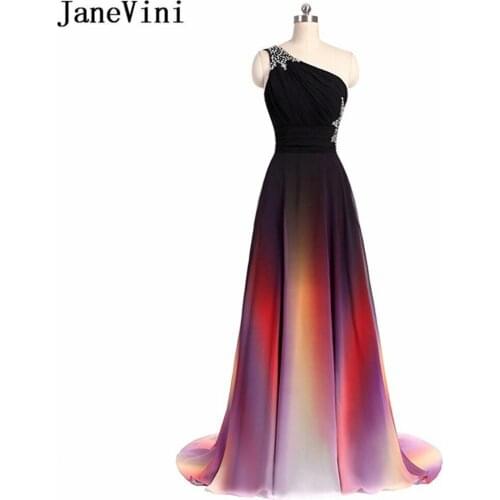 JaneVini 2019 Chic Gradient Long Prom Dresses Robe de Soiree Beaded One Shoulder A Line Floor Length Chiffon Formal Party Gowns
