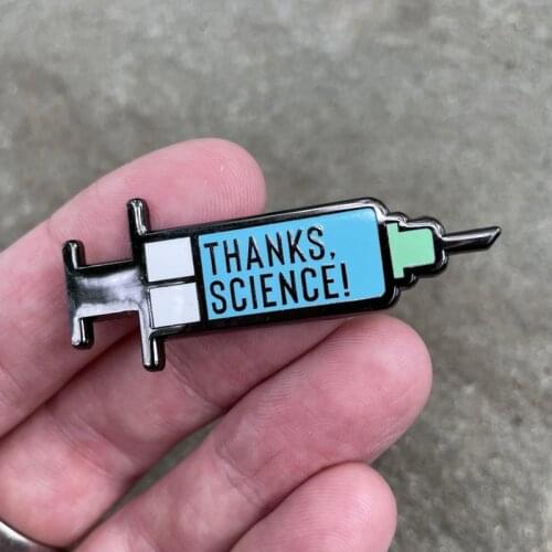 Thanks Science Vaccine Syringe Enamel Brooch Pin Backpack Hat Bag Lapel Pins Badges Women Mens Fashion Jewelry Accessories