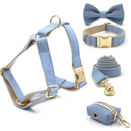Light Blue Denim Dog Collar with Name Personalized Dog Collar and Leash Set for Small Medium Large Dogs Bowtie Dog Harness Girl