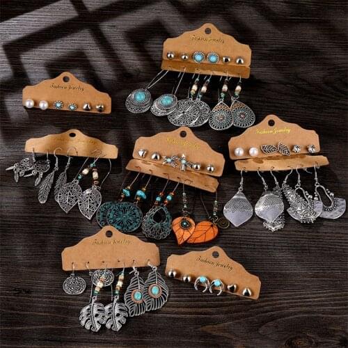 VKME New Ethnic Beads Drop Earrings Set For Women 6Pcs/Set Fearther Acrylic Metal Wood Dangle Earring 2020 Vintage Jewelry