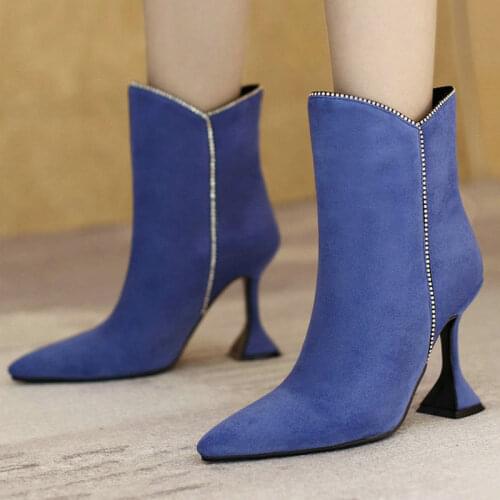Black Blue Purple Women Ankle Boots Faux Suede Strange Style Ladies Short Boots Fashion Pointed Toe Slip on Women Dress Boots