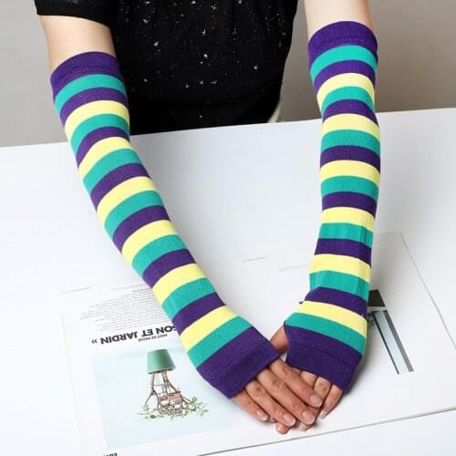 Fashion Women Striped Elbow Gloves female Elastic Warmer Knitted Long Fingerless Elbow Mittens Ladies Christmas Accessories Gift