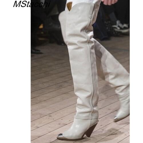 MStacchi metal pointed toe thigh high boots women sexy rivet stud slip on short boots tassel decor spike high heel botas mujer