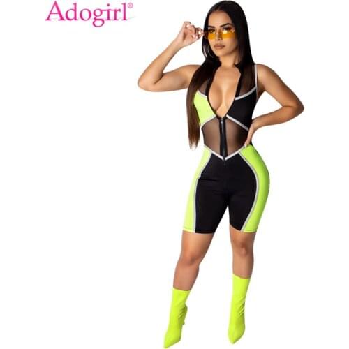 Adogirl Color Patchwork Sheer Mesh Jumpsuit Front Zipper V Neck Sleeveless Slim Playsuits Women Sexy Night Club Romper Overalls