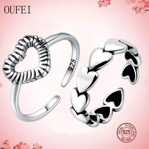 OUFEI 100% 925 Sterling Silver Open Ring For Women Love Heart Ring Couple Fashion Minimalist Vintage Rings 2020 New Gift Jewelry
