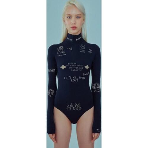 Autumn Women Slim Casual Letter Print Bodycon Bodysuit Long Sleeve Turtleneck Elastic Sporty Fitness Skinny Streetwear Freeship