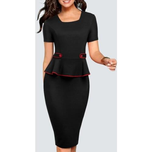 Summer Square Collar Elegant Ruffle Women Office Fitted Bodycon Black Pencil Dress 1HB512