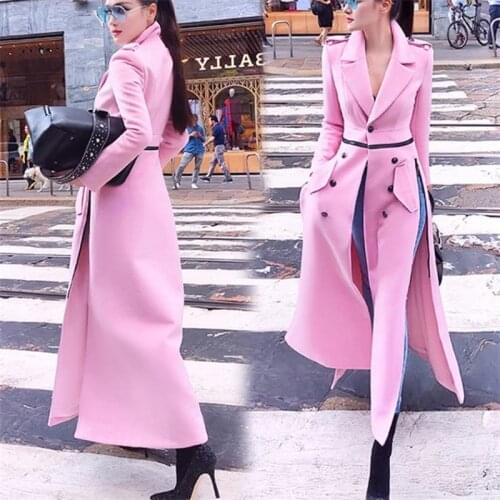 Autumn Winter New 3xl Solid Color Woolen Coat Women Lapel High Waist Single Button Zipper Side Slit Fashion Xlong Overcoat Y790