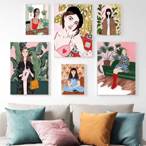Abstract Fashion Vintage Girls Plant Leaves Wall Art Canvas Painting Nordic Posters Prints Wall Picture For Living Room Decor