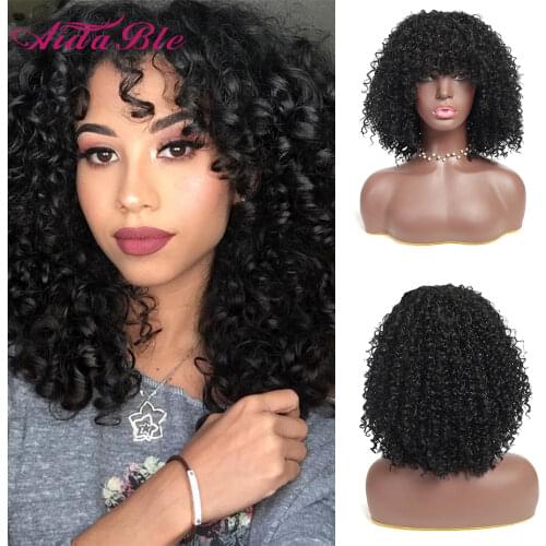 Short Hair Afro Kinky Curly Wig With Bangs For Black Women African Synthetic Ombre Glueless Cosplay Wig High Temperature Faersa