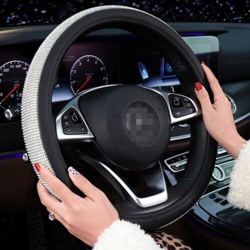 Bling Steering Wheel Cover for Women PU Leather with Crystal Rhinestones Universal for 37 to 38 CM Car Accessories