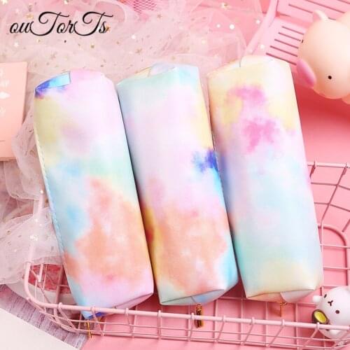Rainbow Color Pu Pencil Case Gradient Pen Pouch Large Capacity Waterproof Storage Bag Makeup Purse School Supplies Stationery