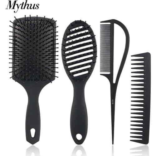 Black Heat Resistant Carbon Hair Brush Set With Nylon Pins Detangling Wet Hairdressing Brush Paddle Massage Cushion Brush