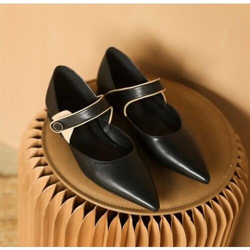 Drestrive Women Flats Full Genuine Leather Pointed Toe Buckle Low Heels 2021 Summer Pumps Size 41 Khaki Mary Janes