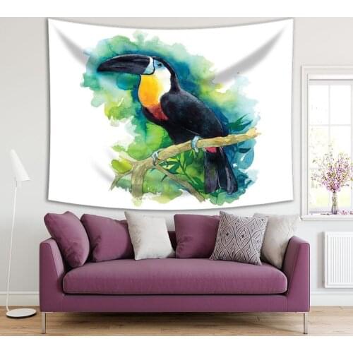 Tapestry Toucan in Forest Tropical Bird Painting on Green Background Watercolor Artwork Black Teal Yellow