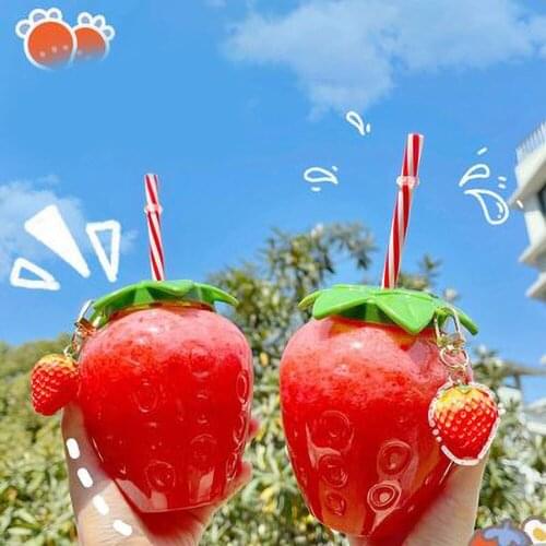 Summer Cartoon Kawaii Strawberry Straw Cup Plastic Cup Lovely Girl Milk Tea Mug