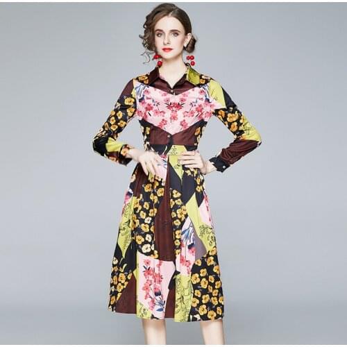 Banulin Runway Designer Autumn Female Multicolor Floral Print Shirt Dress Women Long Sleeve Vintage Pleated Midi Dresses