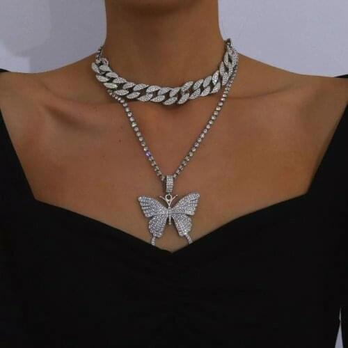 Trendy Bling Crystal Tennis Short Chain Wild Choker Necklace for Women Gold Color 7 Butterfly Pendant Necklace Party Jewelry