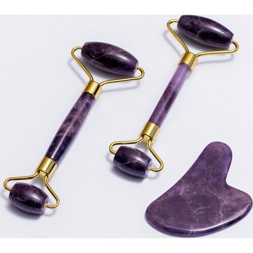 Amethyst Jade Roller And Gua Sha Tools Set Massage Roller Face Crystal Face Massager