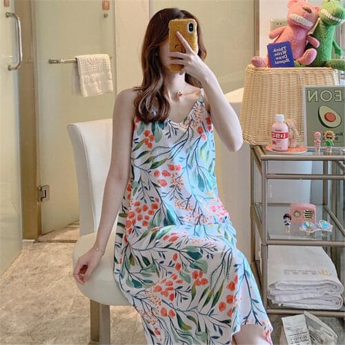 New Floral Print Nightgowns Women Sexy Sleepwear Fashion Spaghetti Strap Night Dress Viscose Cotton Thin Summer Female Nightwear