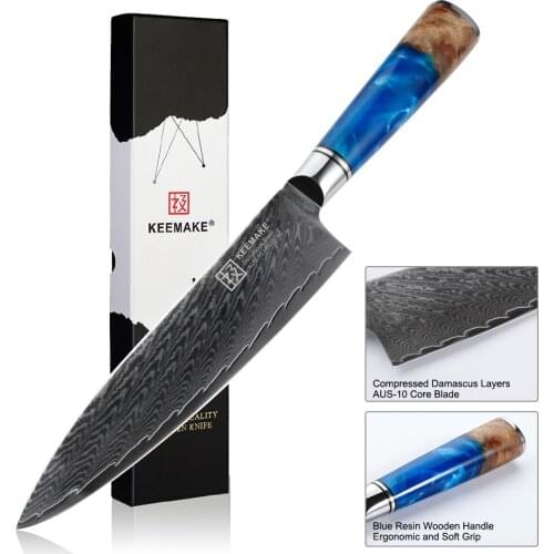 KEEMAKE Premium 8'' Chef Knife Japanese Damascus AUS-10 Steel Blade Kitchen Knives Blue Resin Handle Sharp Meat Cutter Tools