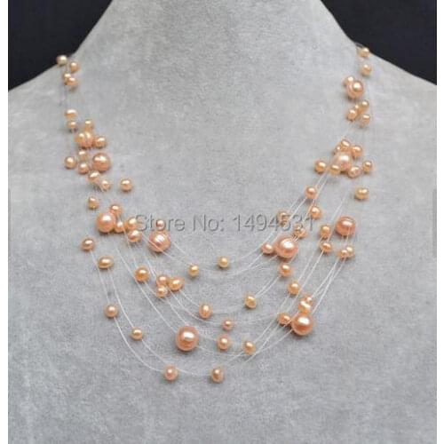 Wholesale Pearl Jewelry , Pink Color Multistrand Genuine Freshwater Pearl Necklace - Illusion Necklace - Bridesmaids Jewelry