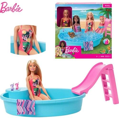 Original Barbie Doll Summer Pool Playset with Slide and Accessories Toys for Girls Children Gifts Bonecas Dolls Fashion Swimsuit