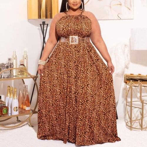 Leopard Print Dress Plus Size 4XL 5XL For African Ladies Halter High Waist Floor Length Backless Elegant Evening Night Cloth New