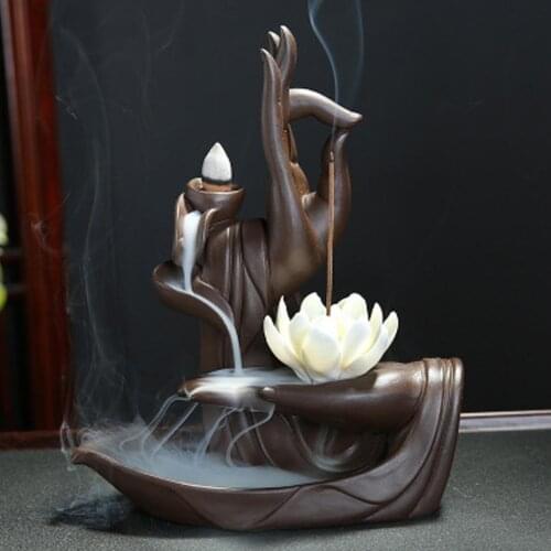 Zen Buddha Hand Incense Burners Backflow Incense Burner Holder Lotus Home Decor Joss Stick Aroma Tower Censer With20PCS Cones