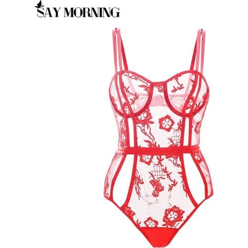 SAY MORNING Embroidered Hollow Sexy Womens Patchwork Bodysuit Underwear Set Lace Perspective One-Piece Erotic Lingerie