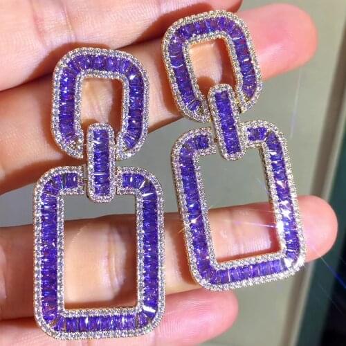 Gorgeous Trendy Pink Purple Big Square Earrings for Noble Women Bridal Luxury Wedding Earrings Jewelry Ladies Daily
