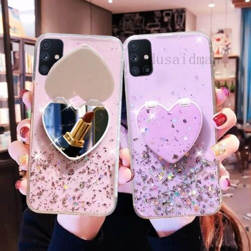 Heart Makeup Mirror girl Glitter Phone Case For Samsung Galaxy S8 S9 S10 Lite S20 Plus S21 Ultra M30 M31 M30S M31S M21 M51 A10S