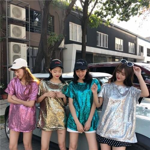 European Summer New All-match Short-sleeved Heavy Industry Shiny Blingblin Sequined Loose T-shirts Tops Women Fashion 2021