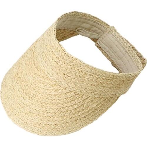 Ladies Summer Handmade Woven Raffia Straw Sun Visor Hat Empty Top Wide Brim UV Protection Adjustable Foldable Peaked Beach Cap