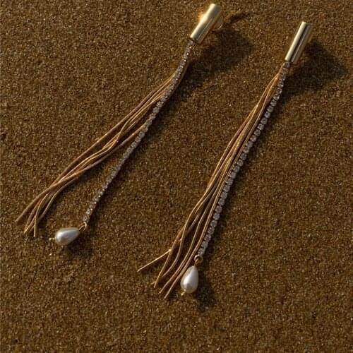 Origin Summer Temperament Gold Color Long Tassel Dangle Earring for Women Imitation Pearl Rhinestone Earring Jewelry Pendientes