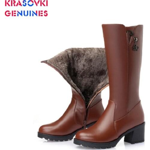 Krasovki Genuines Wool Women Snow Boots Warm Genuine Leather Fur Warm Fashion Plush High Boots Platform for Women Winter Boots
