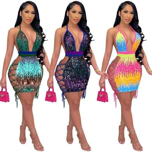 Adogirl Women Hollow Out Backless Evening Party Dresses Summer Sexy Club Bandage Sequin Mini Dress Female Fashion Outfits 2021