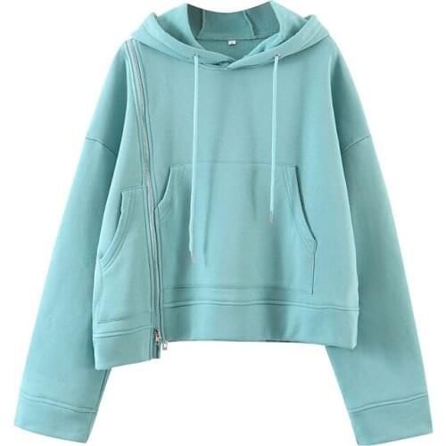 Simple Zipper Short Sweatshirt Loose Fashion Solid Color Drawstring Pocket Hooded Pullover Hoodie 2021 Spring Clothing Women