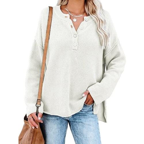 Women Sweater Button Knitted Casual Loose V Neck Top Female Fall Winter Soft Warm Wool Fashion Lady Pullovers