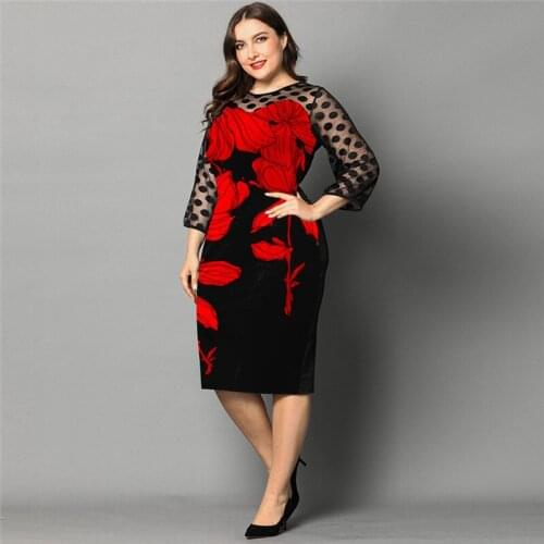 L-5XL Plus Size Dress Ladies Casual Lace 3/4 Sleeve Openwork Elegant Dresses Women 2020 Spring New Rose Print Black Dresses