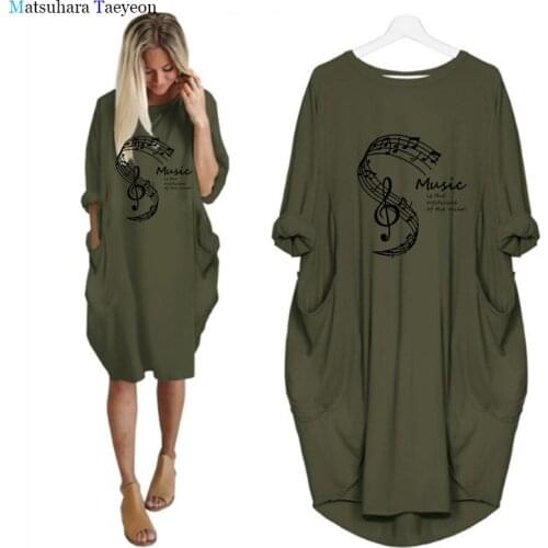 Summer Music Is The Medicine of The Mind Dresses for Women Fashion Casual Long-sleeved Irregular Dress Women O-Neck Dress