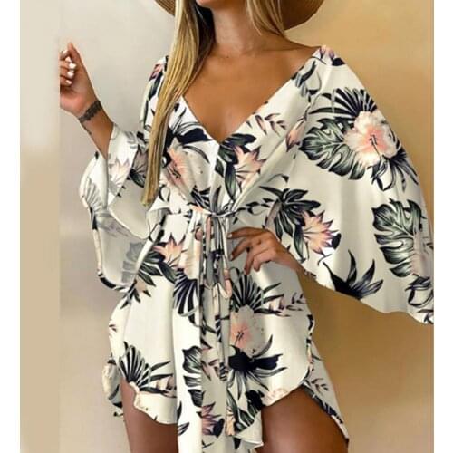 2021 Summer Fashion New Asymmetrical Hem Mini Dress Tropical Print Sexy Tie Front V Neck Floral Print Women Beachwear Plus Size