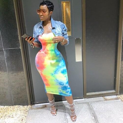 Women Spaghetti Strap Bodycon Dress Multicolor Tie-dyed Printed Pattern Sleeveless Backless Boat Neck Long Dress S/ M/ L