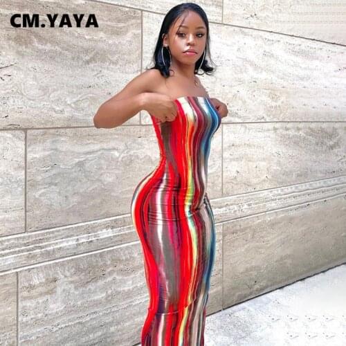 CM.YAYA Strapless Sleeveless Print Sheath Elastic Long Dress for Women Sexy Office Lady Empire Floor-length Maxi Dresses Summer