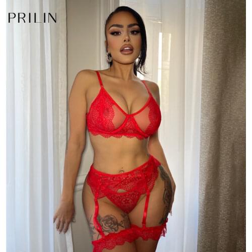 PRILIN Women Sexy Lingerie Set Garter Belts Lace Floral Leg Ring Underwire Bras Sex Panties Transparent Sensual Underwear Red