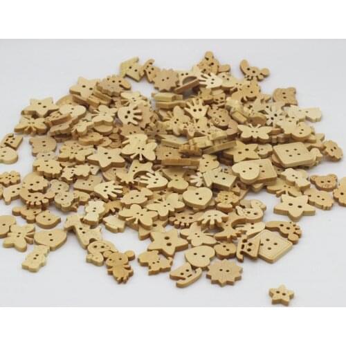 100pcs 2holes Mix Natural Wood Button Sewing Assorted shape cartoon Button Craft Sewing Round Buttons Kids Accessorie fasteners